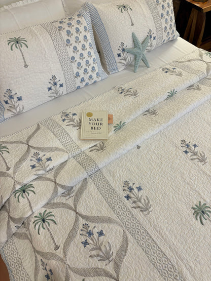 Blue Palm Whisper Quilted Bedcover