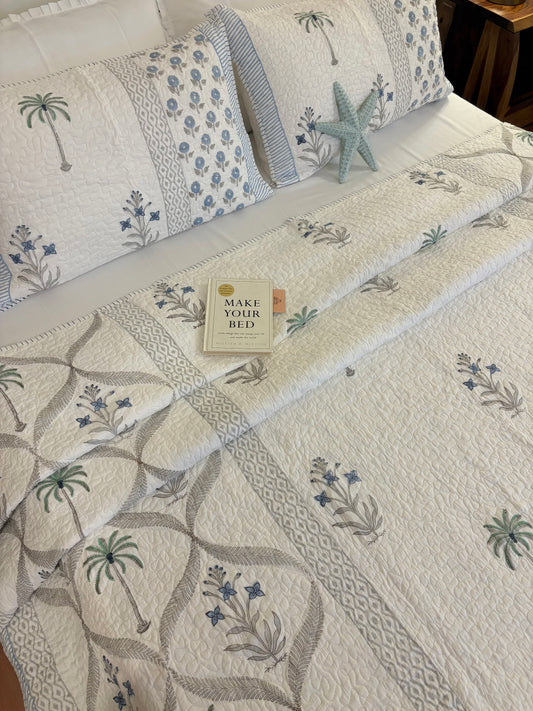 Blue Palm Whisper Quilted Bedcover