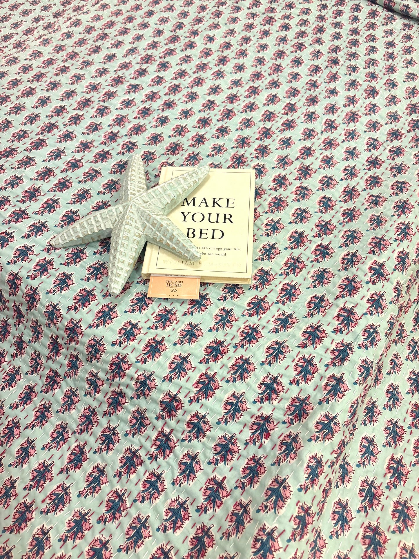 Mint Aqua Motif Kantha Bedcover