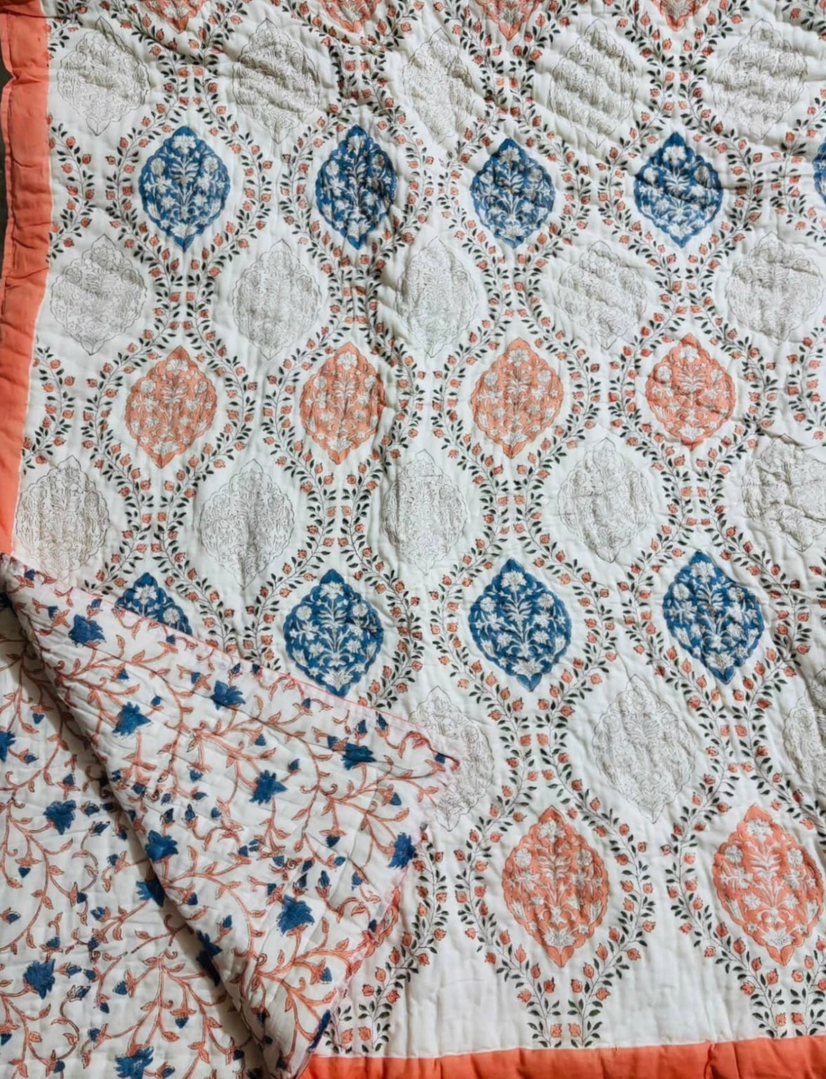 Peach Royal Cotton Muslin Block Printed Quilt - Single / Double Size