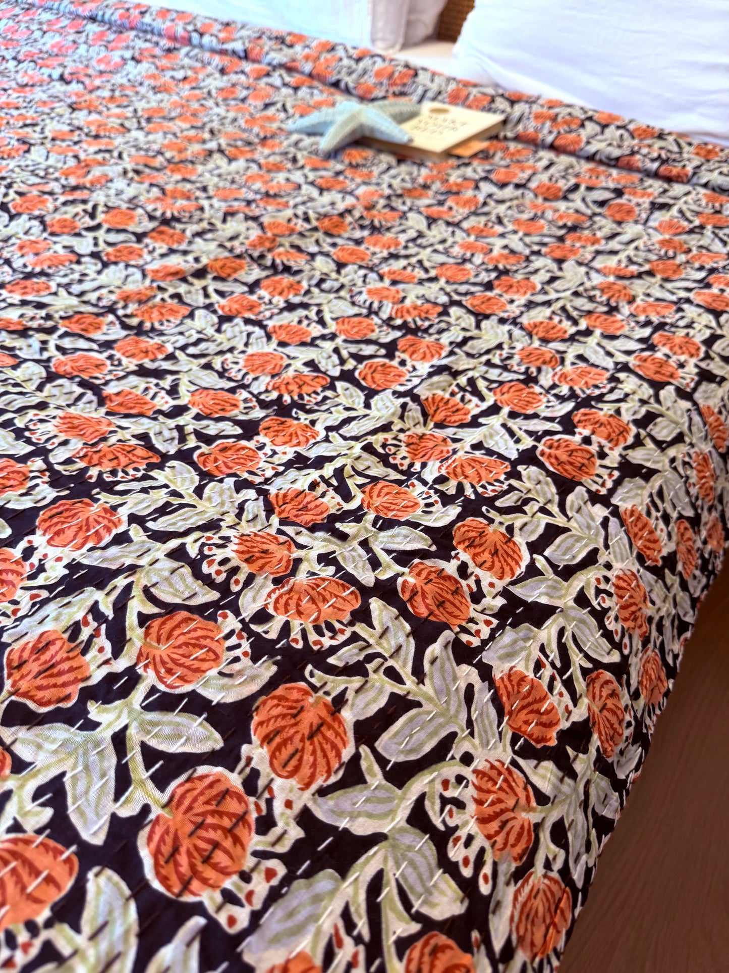 Midnight Coral Kantha Bedcover