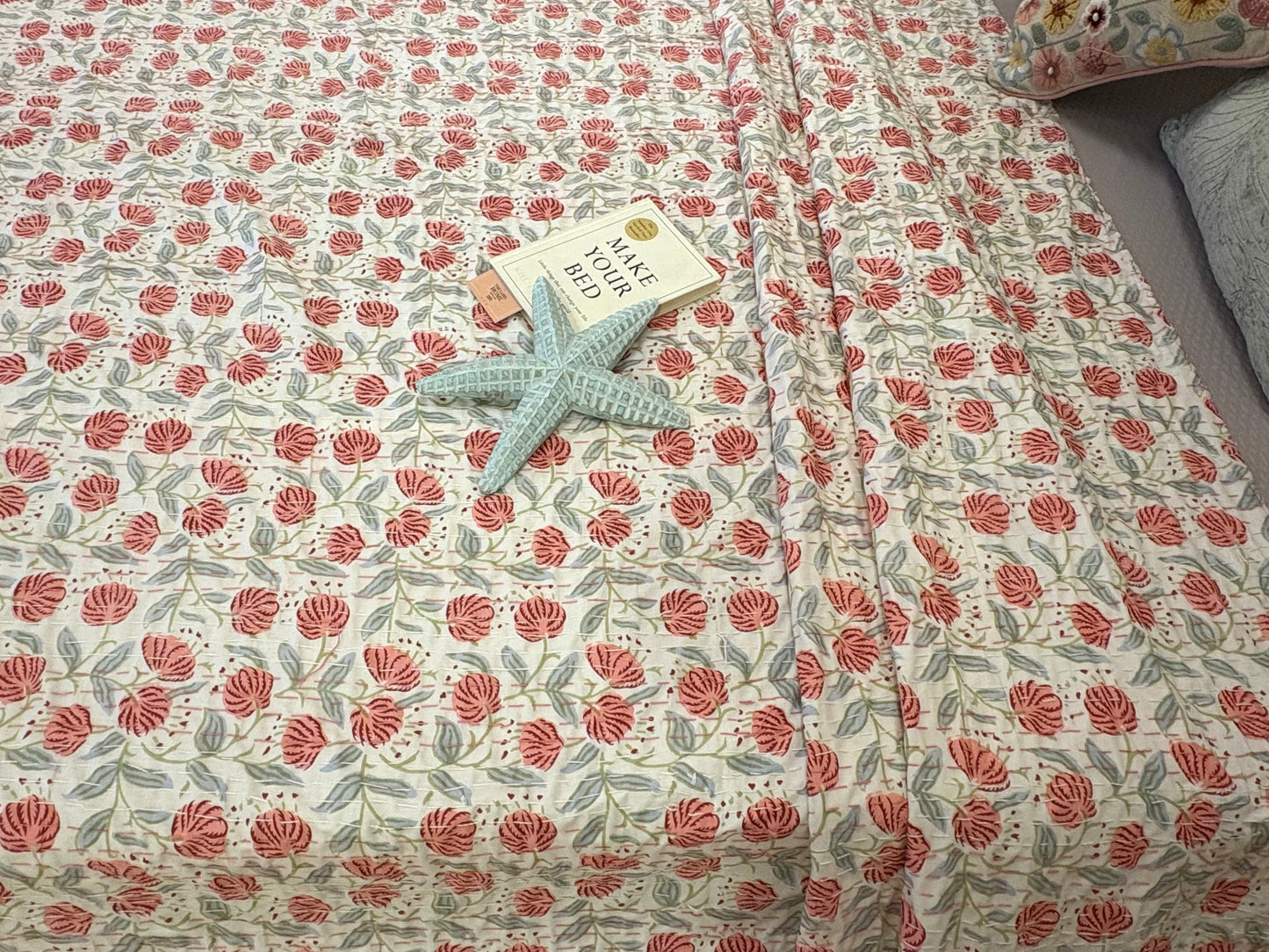 White Peach Floral Kantha Bedcover