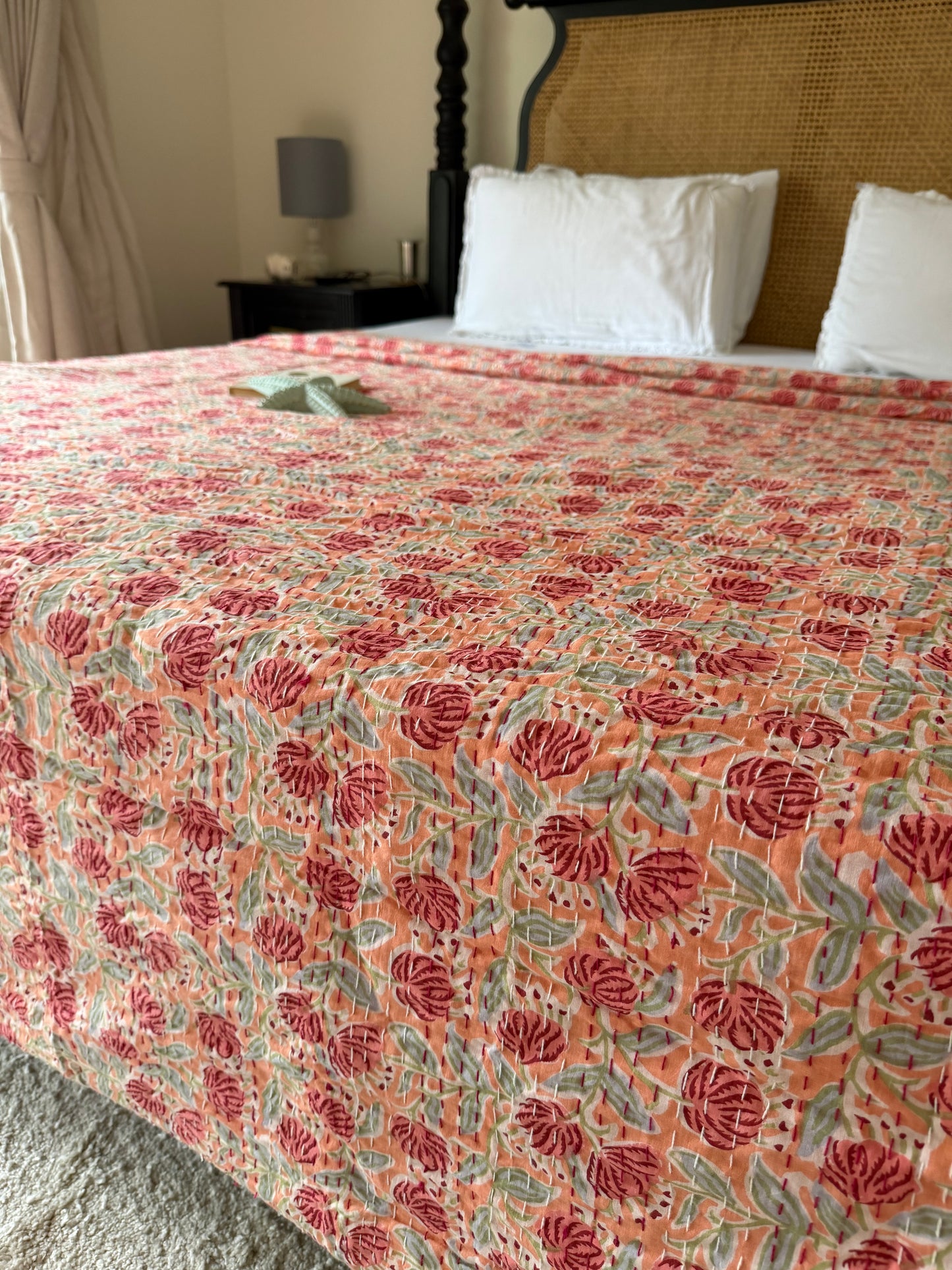 Coral Peach Floral Kantha Bedcover