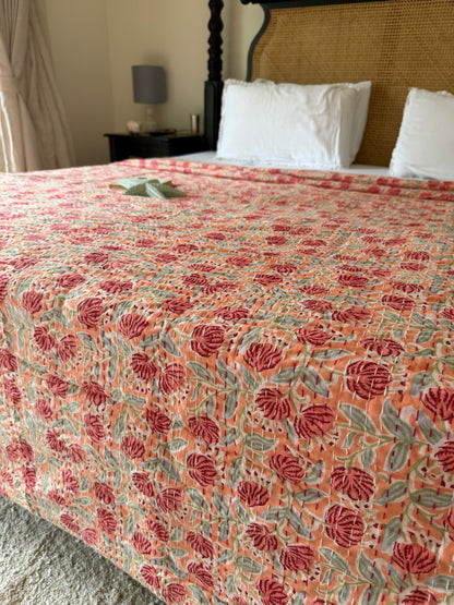 Coral Peach Floral Kantha Bedcover