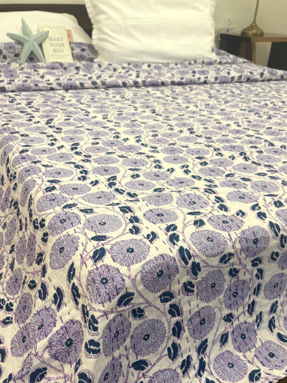 Purple Floral Kantha Bedcover