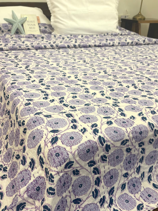 Purple Floral Kantha Bedcover