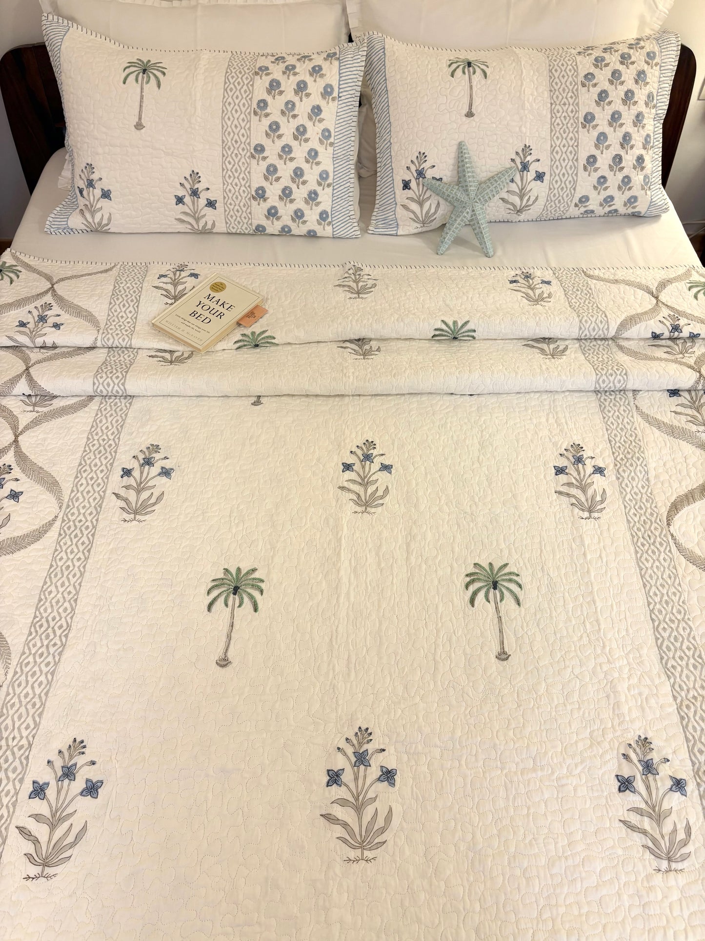 Blue Palm Whisper Quilted Bedcover