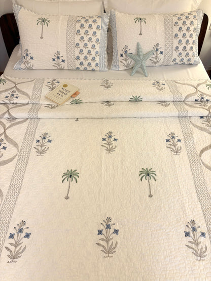 Blue Palm Whisper Quilted Bedcover