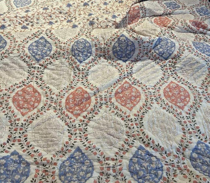 Peach Royal Cotton Muslin Block Printed Quilt - Single / Double Size