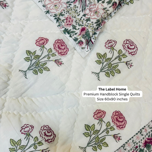 Grace Light Cotton Muslin Block Printed Quilt - Single Size 60x90 inches