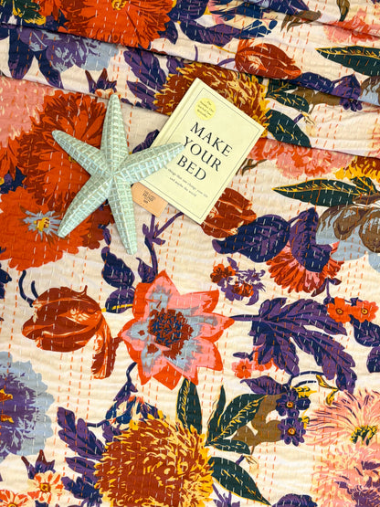 Stunning Floral Bloom Kantha Bedcover