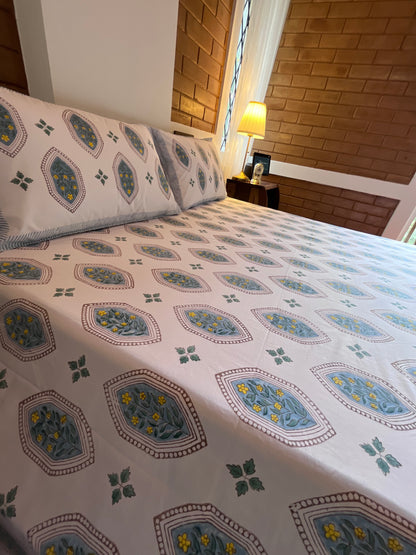 Ratan Premium 400tc Muzzera Handblocked Percale Bedsheet (King Size)-The Label Home