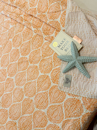 Orange White Motif Kantha Bedcover