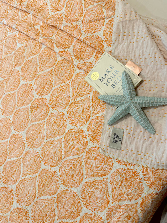 Orange White Motif Kantha Bedcover