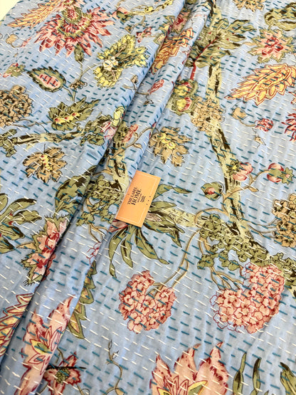 Charming Blue Floral Kantha Bedcover