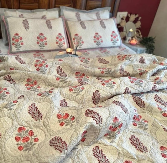 English Paradise Bloom Premium Quilted Mulmul Voile Bedcover cum Comforter (Reversible) Size 90x108 inches and 108x108 inches