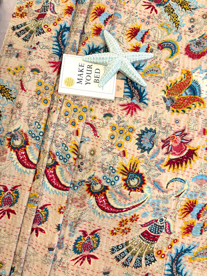 Beige Floral Crown Kantha Bedcover