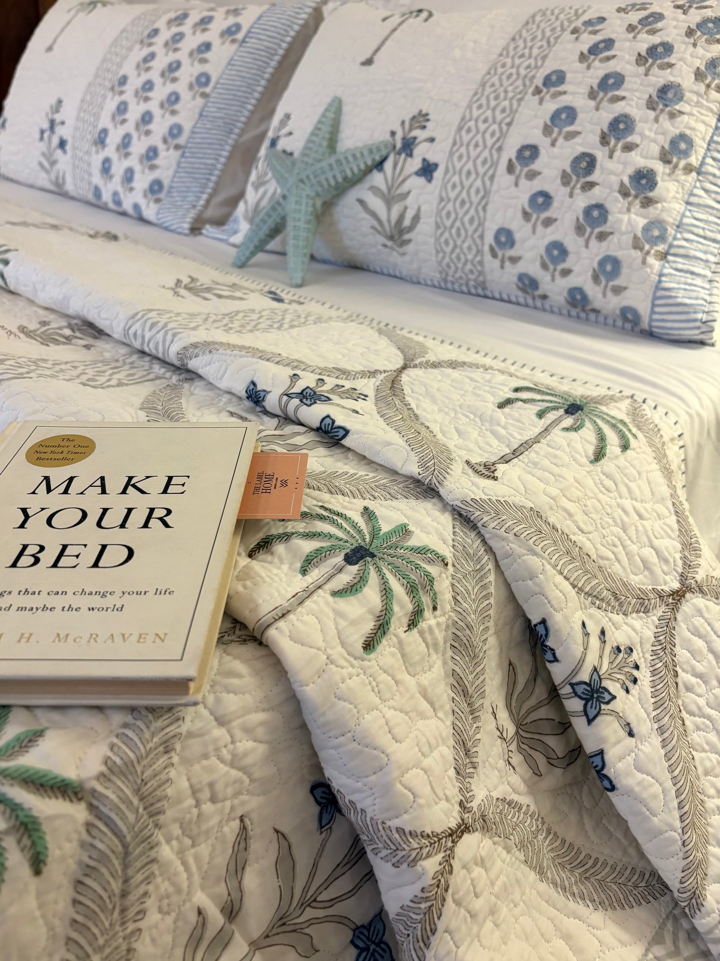 Blue Palm Whisper Quilted Bedcover