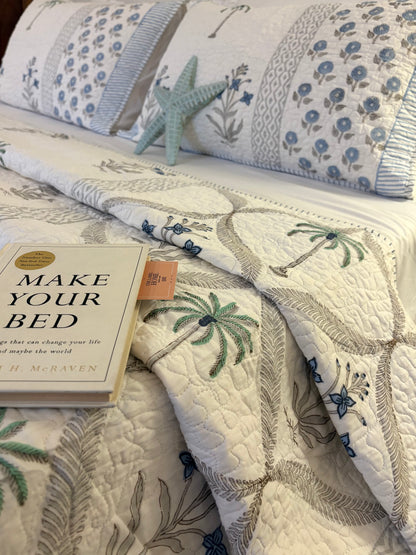 Blue Palm Whisper Quilted Bedcover