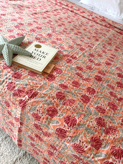 Coral Peach Floral Kantha Bedcover