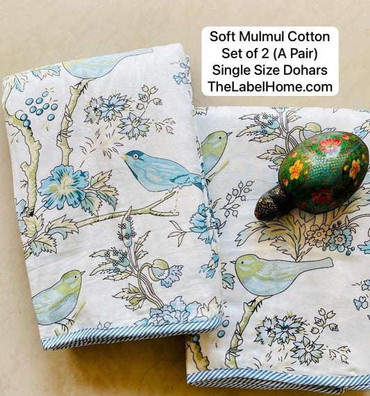 Birds of Paradise  - MulMul Summer Dohar (Set of 2 Single Cotton Muslin Dohar)