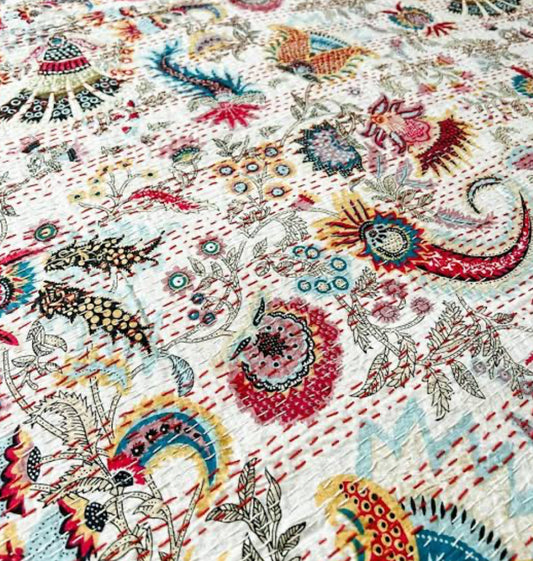 Morning Paradise Kantha Stitch Cotton Bedcover – Handcrafted, Soft & Breathable – King Size