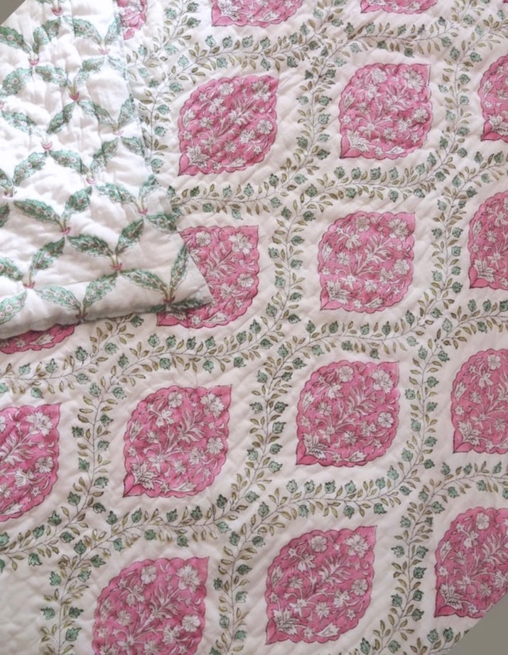 Blush Pink Light Cotton Muslin Block Printed Reversible Quilt - Double Size 90x108