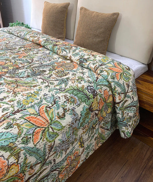 Crystal Bloom Home Kantha Stitch Cotton Bedcover – Handcrafted, Soft & Breathable – King Size