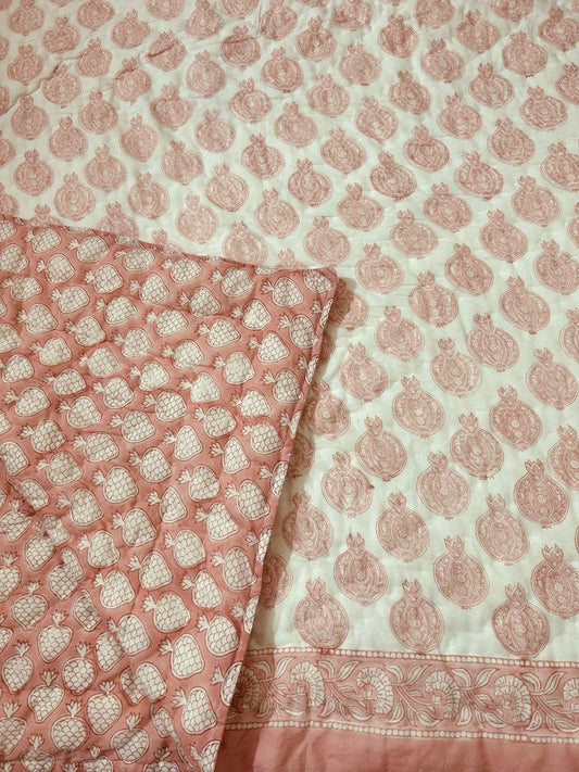 Pomegranate Light Cotton Muslin Block Printed Quilt - Double Size 90x108 inches