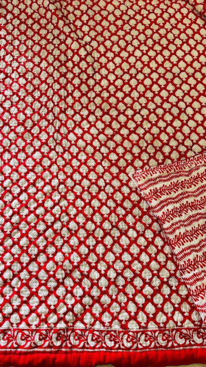 Happy Red Cotton Block Printed Quilt - Double Size 90x108 