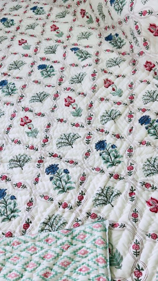 Gorgeous Bloom Light Cotton Muslin Block Printed Quilt - Double Size 90x108 inches