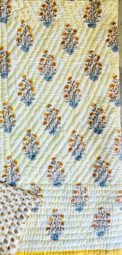 Mild Bloom Light Cotton Muslin Block Printed Reversible Quilt - Double Size 90x108-The Label Home