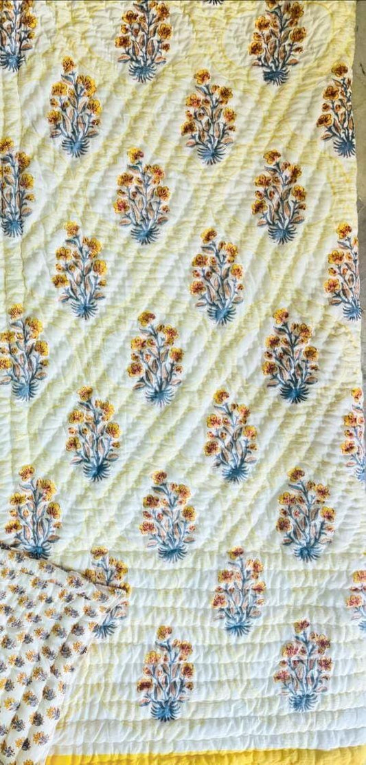 Mild Bloom Light Cotton Muslin Block Printed Reversible Quilt - Double Size 90x108