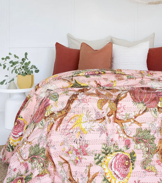 Luxe Peach Kantha Stitch Cotton Bedcover – Handcrafted, Soft & Breathable – King Size