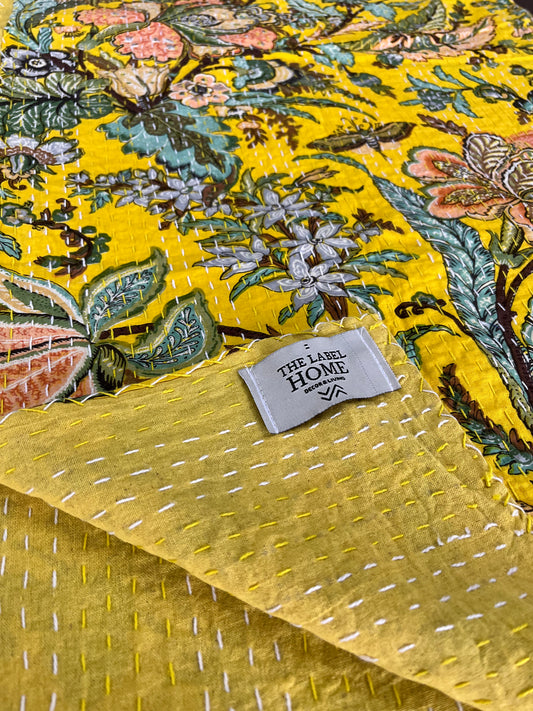 Yellow Crystal Bloom Home Kantha Stitch Cotton Bedcover