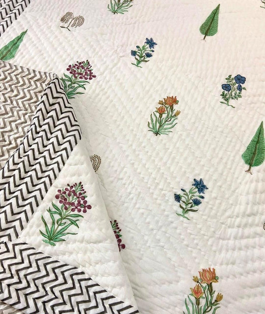 Chevron Bloom Cotton Muslin Block Printed Quilt - Single / Double Size