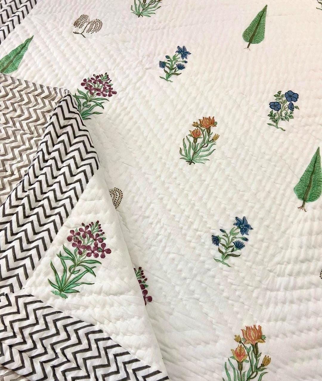 Chevron Bloom Cotton Muslin Block Printed Quilt - Single / Double Size