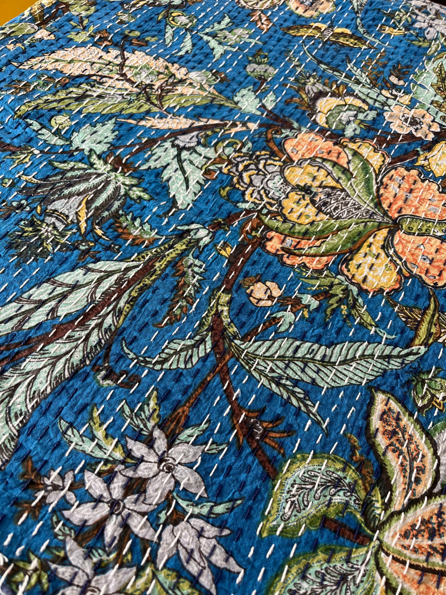 Luxe Blue Kantha Stitch Cotton Bedcover