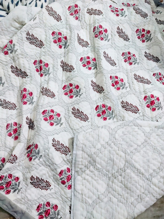 Mughal Jaal Light Cotton Muslin Block Printed Reversible Quilt - Double Size 90x108 Inches