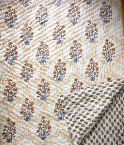 Mild Bloom Light Cotton Muslin Block Printed Reversible Quilt - Double Size 90x108-The Label Home
