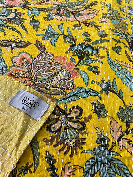 Yellow Crystal Bloom Home Kantha Stitch Cotton Bedcover – Handcrafted, Soft & Breathable – King Size