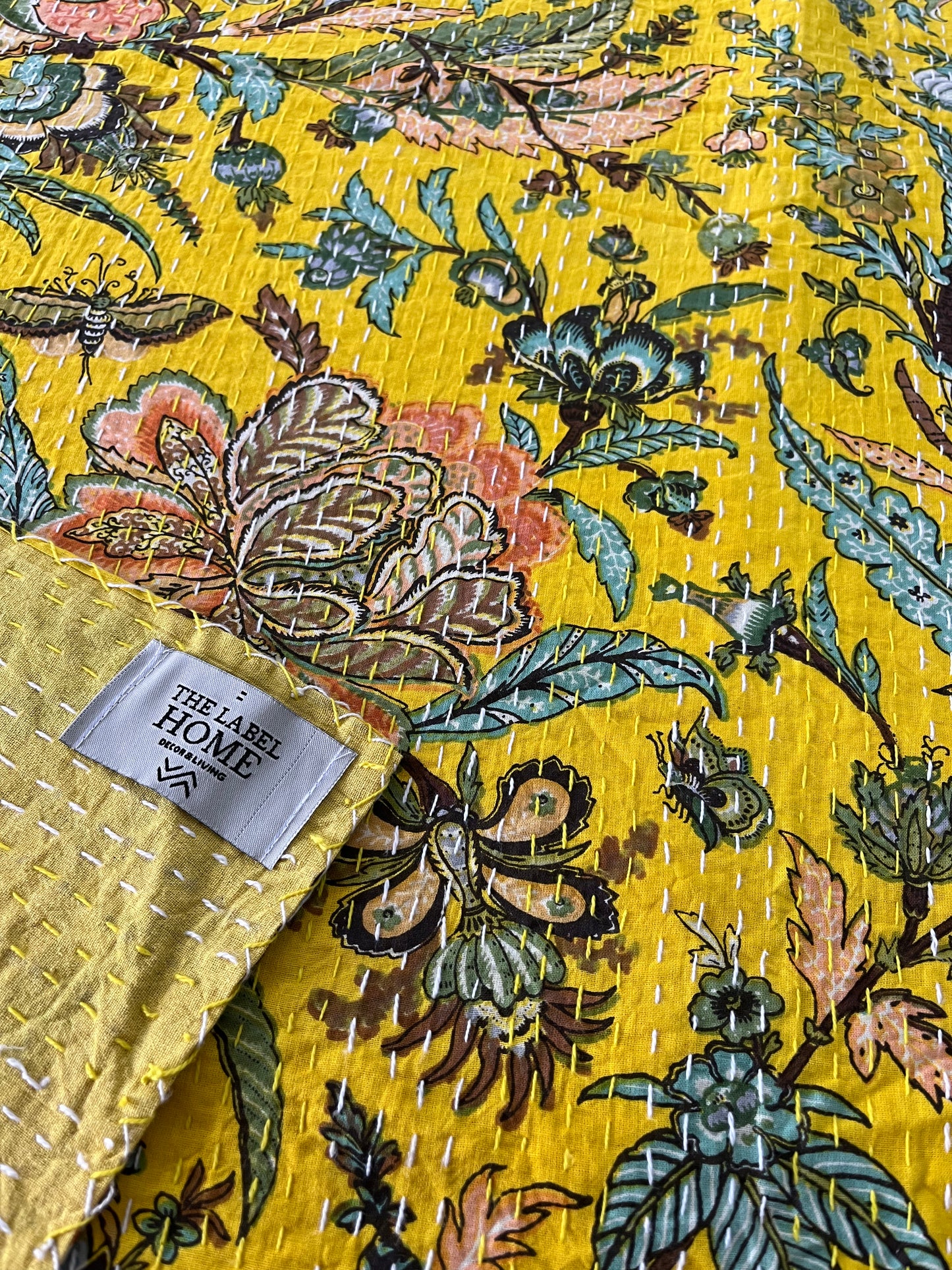 Yellow Crystal Bloom Home Kantha Stitch Cotton Bedcover