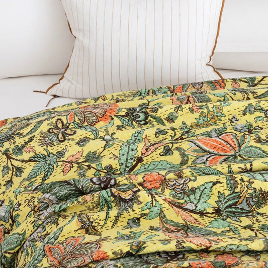 Yellow Gold Bloom Home Kantha Stitch Cotton Bedcover – Handcrafted, Soft & Breathable – King Size