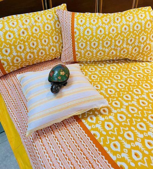 Yellow Ikkat Thin Cotton Printed Bedspread Bedcover (King 93x108 inches)
