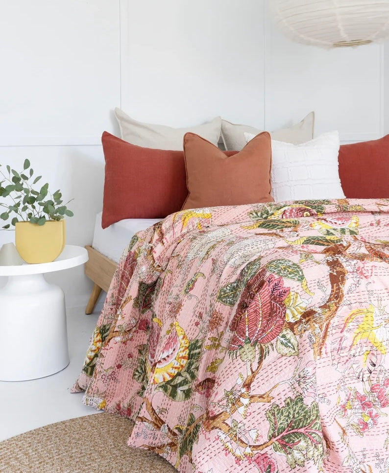 Luxe Peach Kantha Stitch Cotton Bedcover