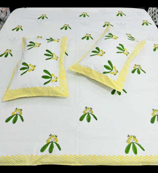 Happy Yellow Ratan Premium 400tc Classic Handblocked Percale Bedsheet (King & Super King Size)