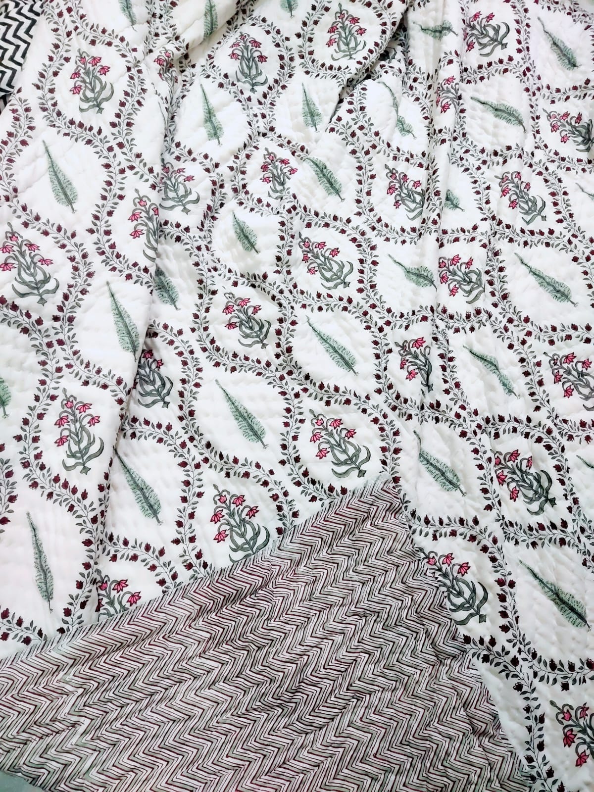 Floral Jaal Light Cotton Muslin Block Printed Reversible Quilt - Double Size 90x108 inches
