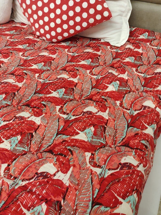 Festive Red Kantha Stitch Cotton Bedcover