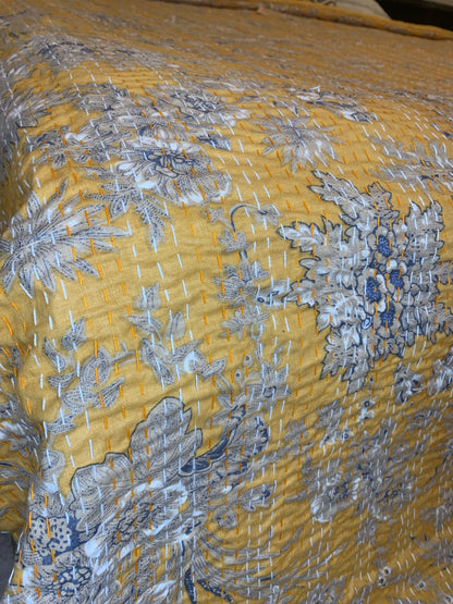 Mustard Red Grey Blue Kantha Bedcover-The Label Home