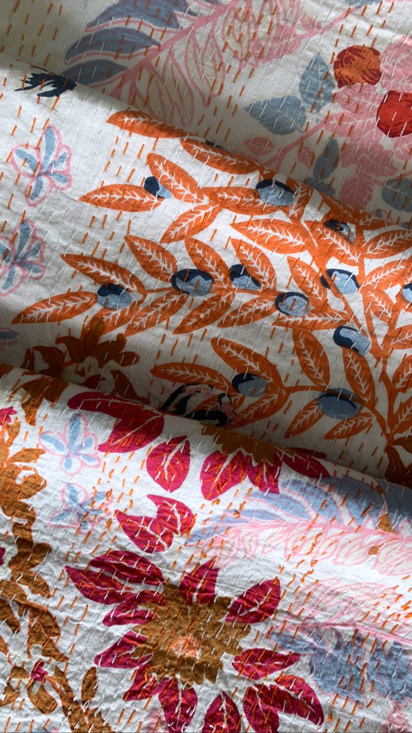 Tropical Sunrise Bloom Kantha Stitch Cotton Bedcover